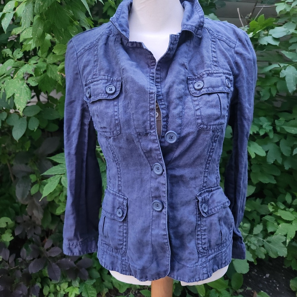 RW&CO. Linen Denim Jacket Ladies Large‎ Long Sleeve Button Down Pockets